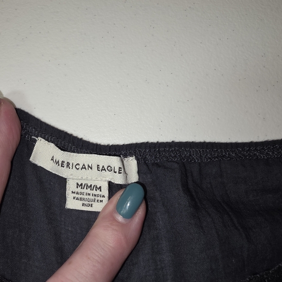 American Eagle Navy Smocked Lace Baby Doll Crop Top Milkmaid Peasant Long Sleeve - Picture 5 of 10